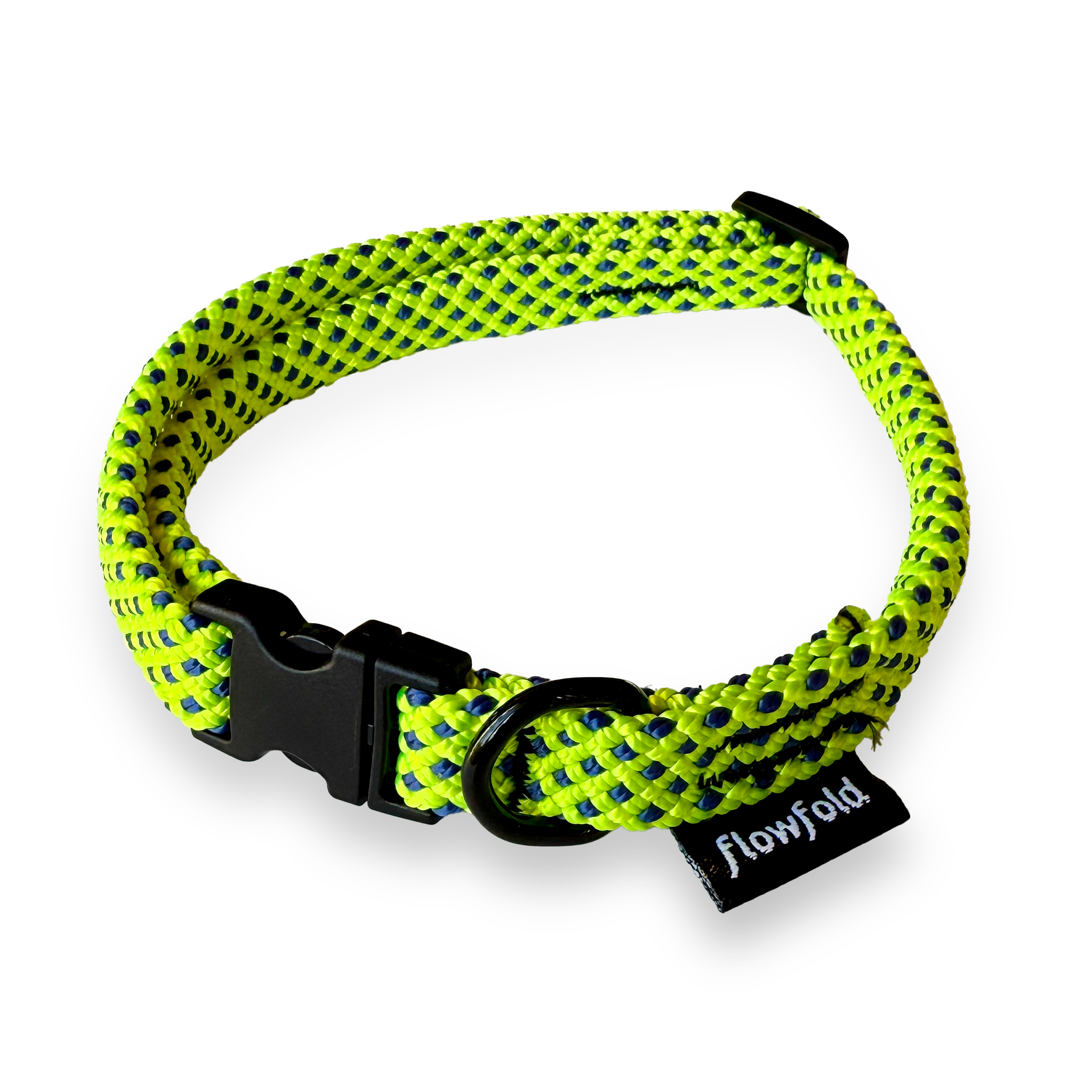 Neon green and blue braided dog collar with a black buckle on a white background