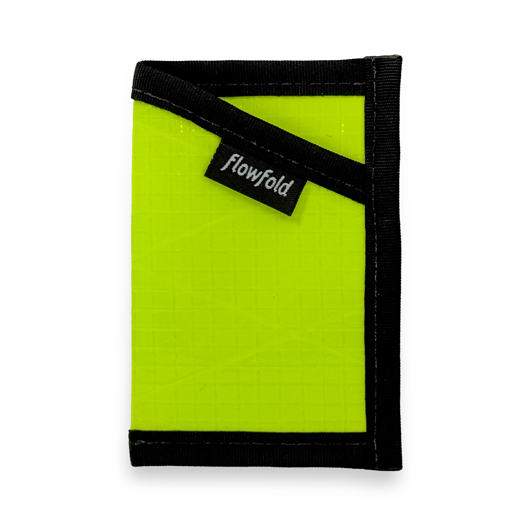 Lime wallet with black trim and 'Flowfold' logo on a white background