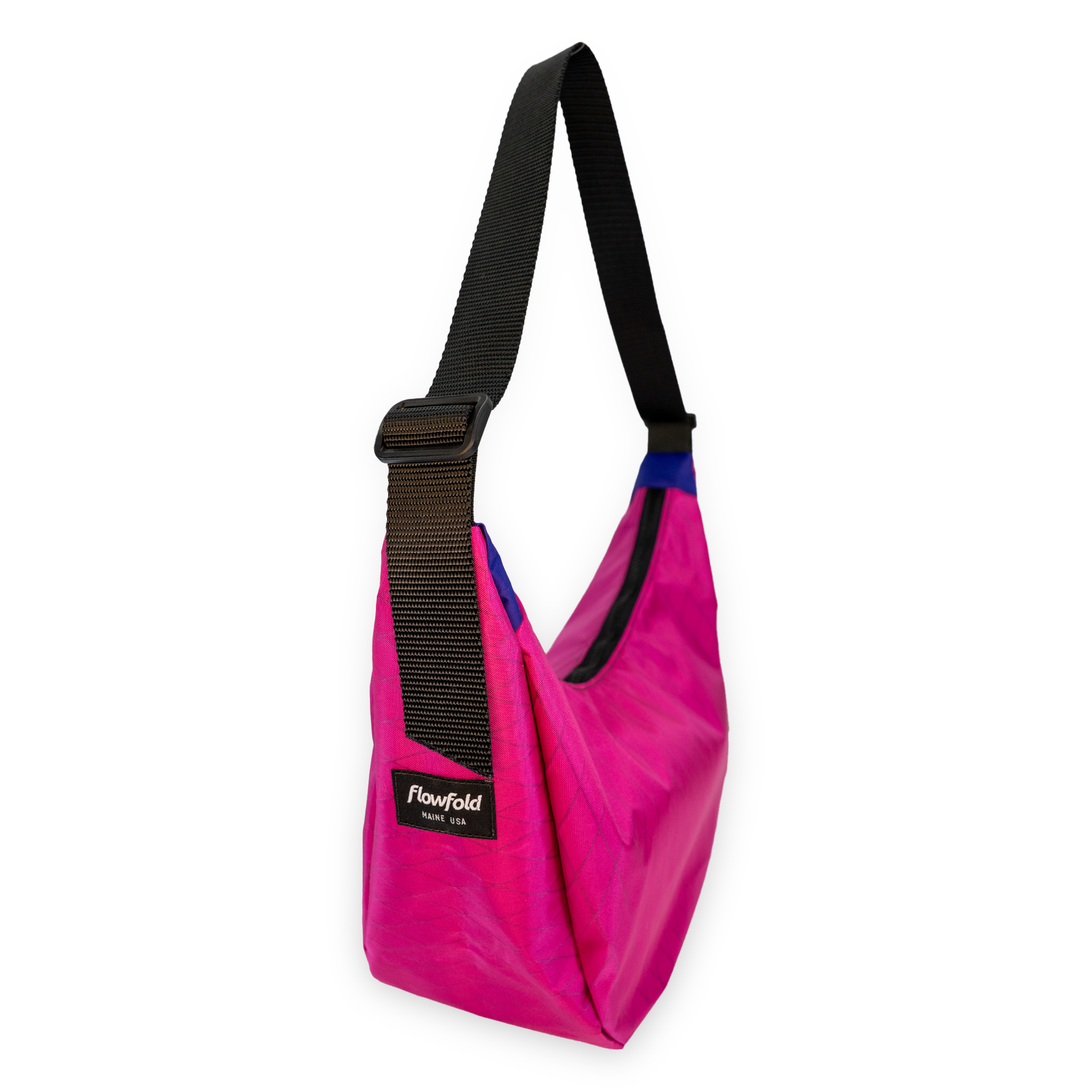 Bright pink crescent shaped crossbody bag