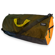 Dark green 40L Conductor duffle back with orange side panels and multicolor handles