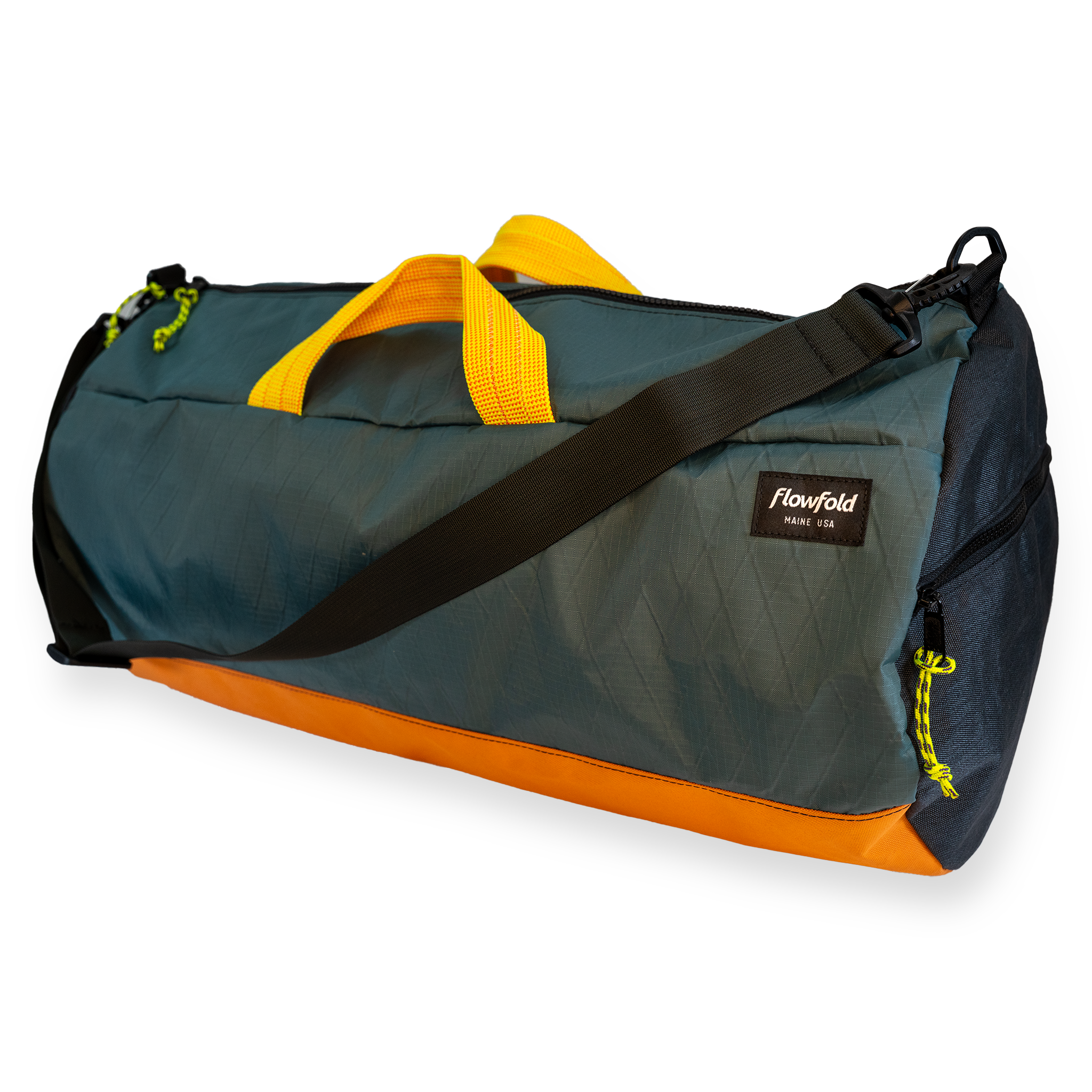 Grey 40L conductor duffle bag with black side panels, and orange bottom, and yellow handles