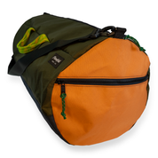 Dark green 40L Conductor duffle back with orange side panels and multicolor handles