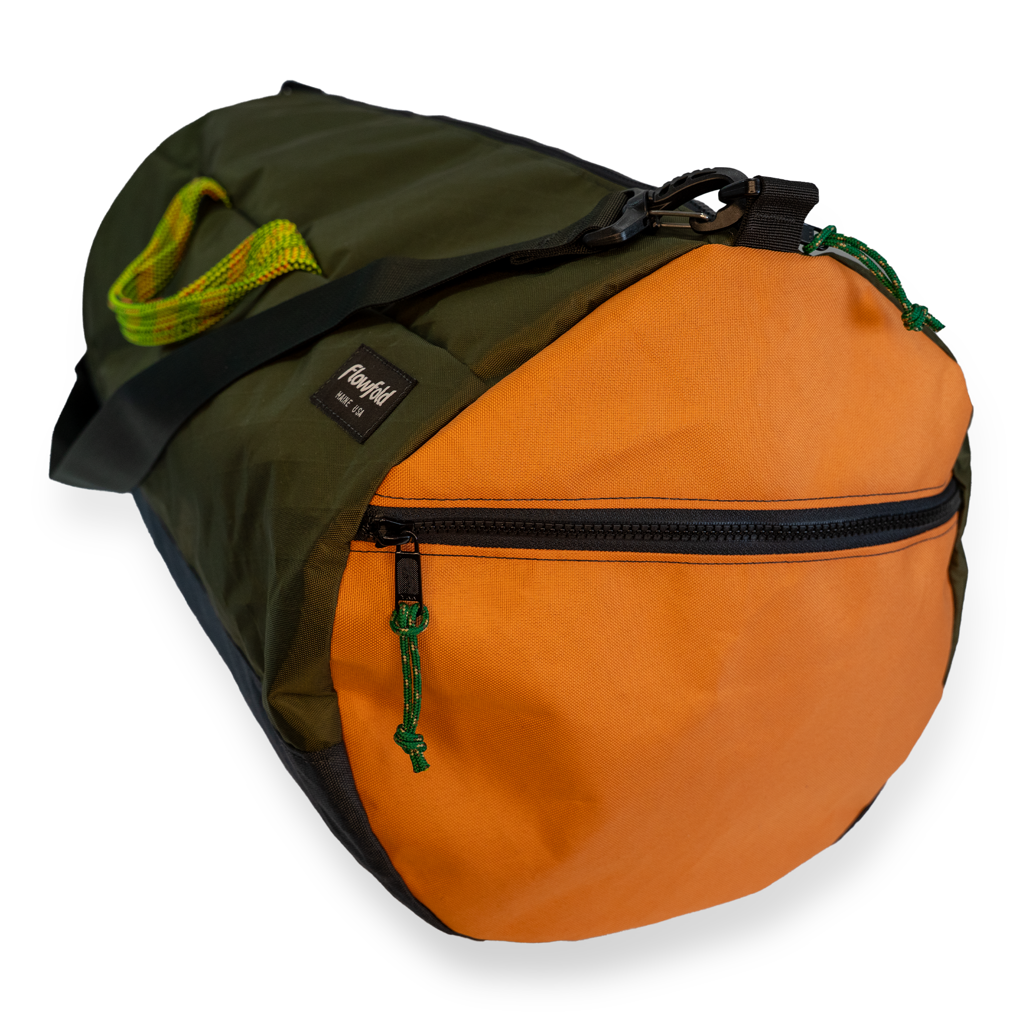 Dark green 40L Conductor duffle back with orange side panels and multicolor handles