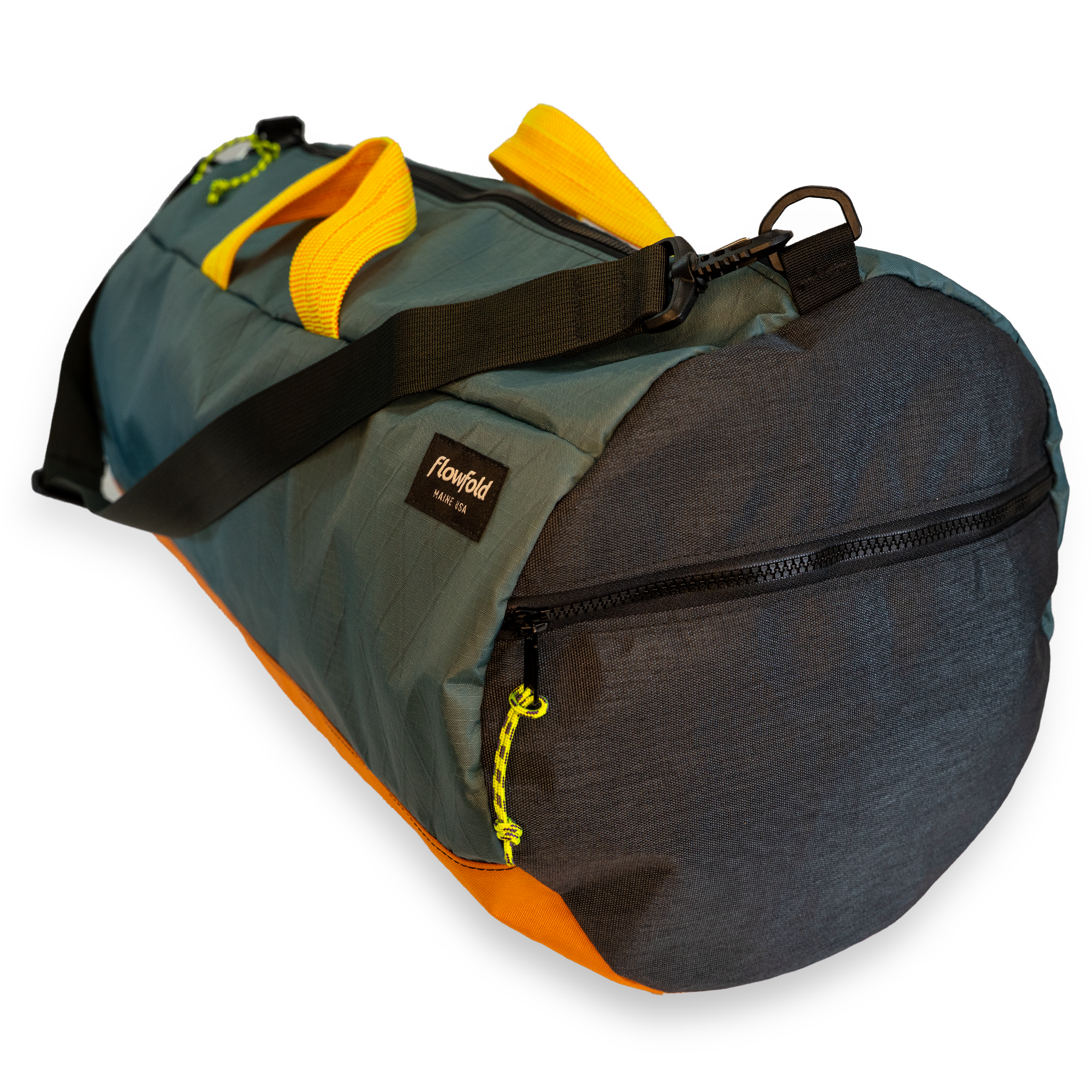 Grey 40L conductor duffle bag with black side panels, and orange bottom, and yellow handles