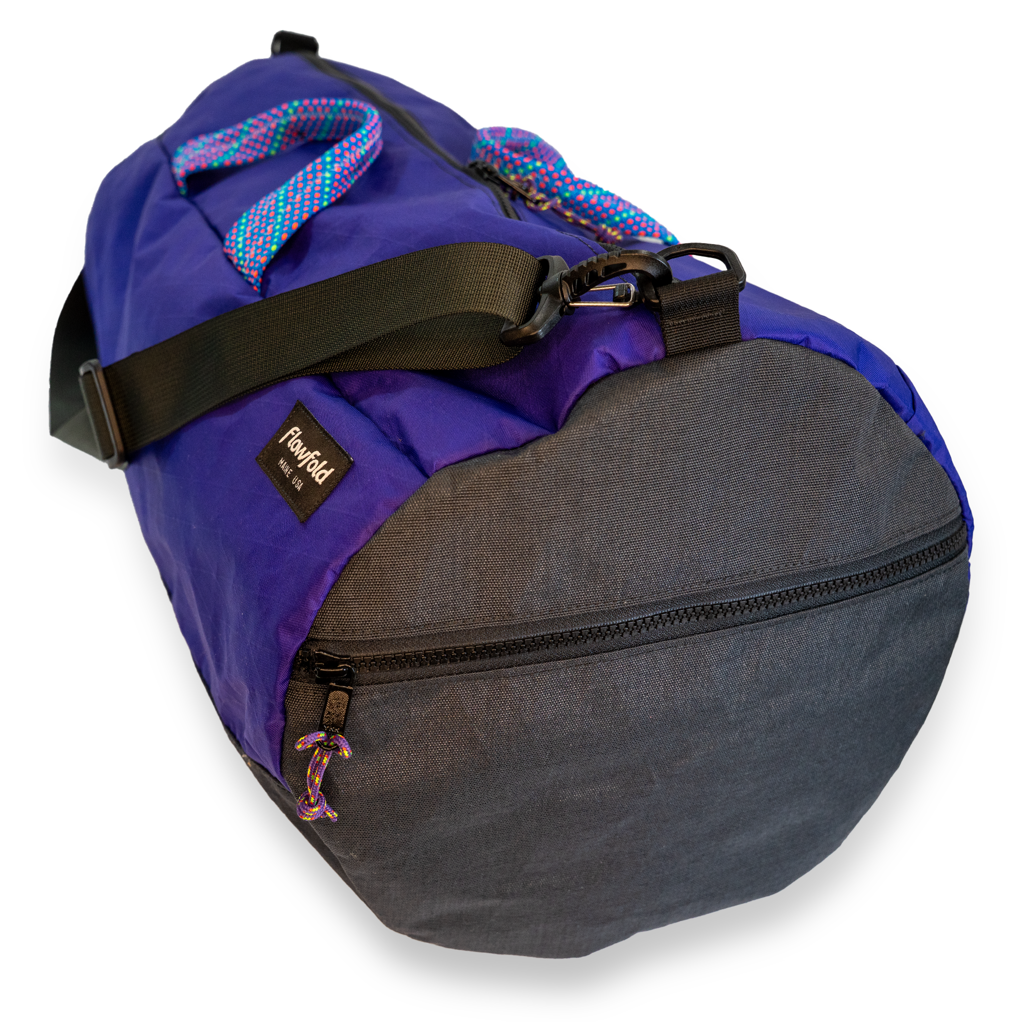 Purple 40L conductor duffle bag with black side panels and multicolor handles