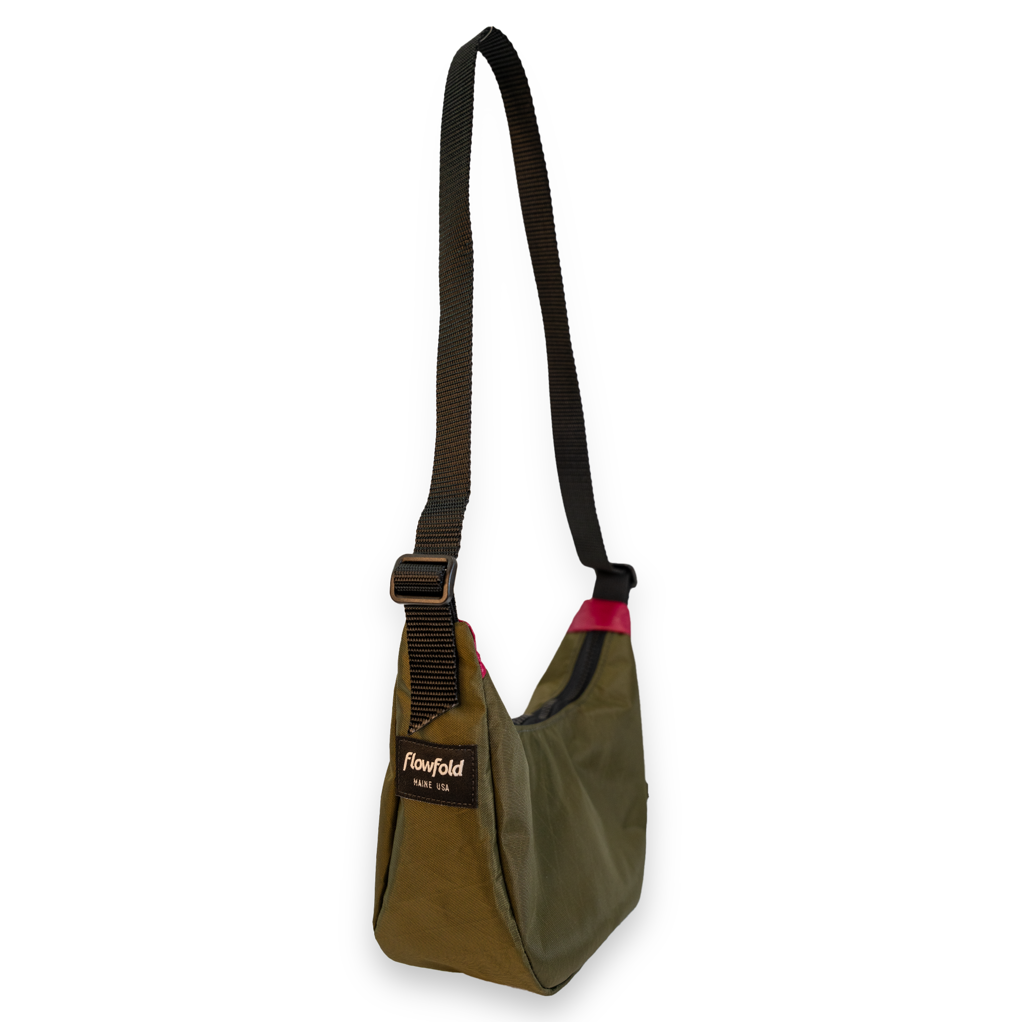 An olive green and black shoulder bag with a pink accent zipper, featuring a black adjustable webbing strap and a visible 'Rowfold' brand patch.