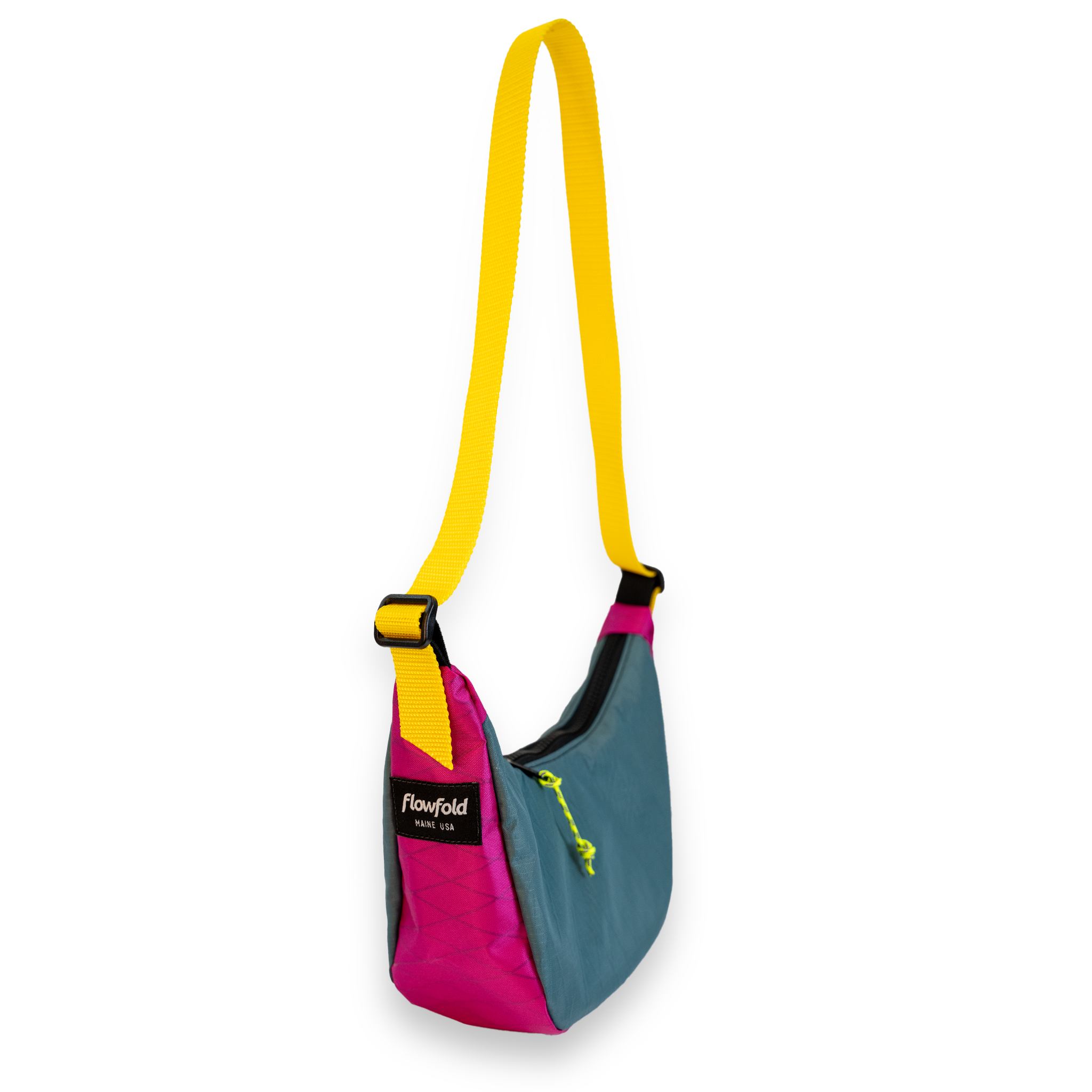 Pink and grey color blocked mini crescent shaped crossbody bag