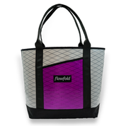 White and purple recycled sailcloth tote with black handles
