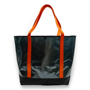 Blue/grey recycled sailcloth tote with orange handles
