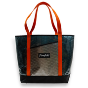 Blue and silver recycled sailcloth tote with orange handle