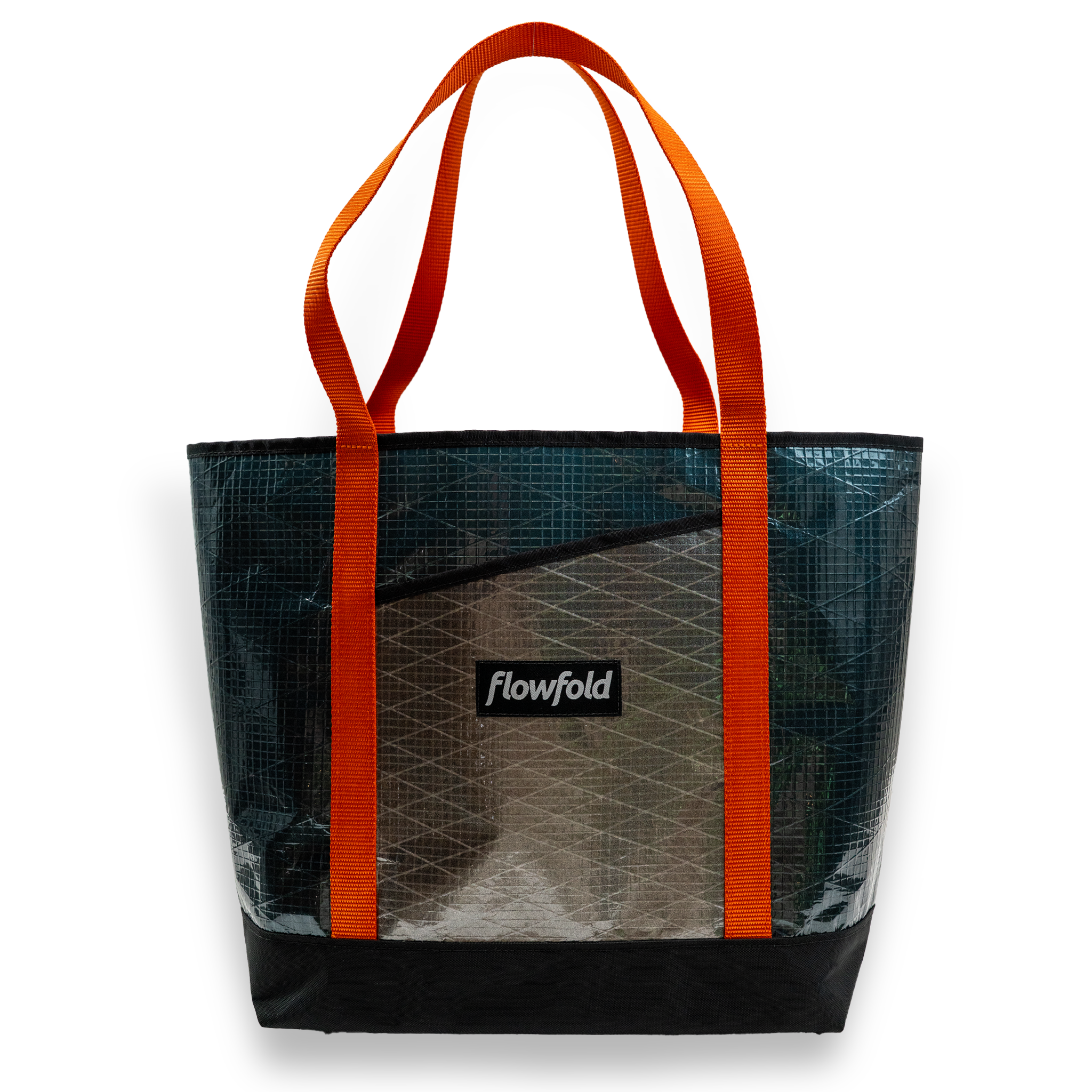 Blue and silver recycled sailcloth tote with orange handle