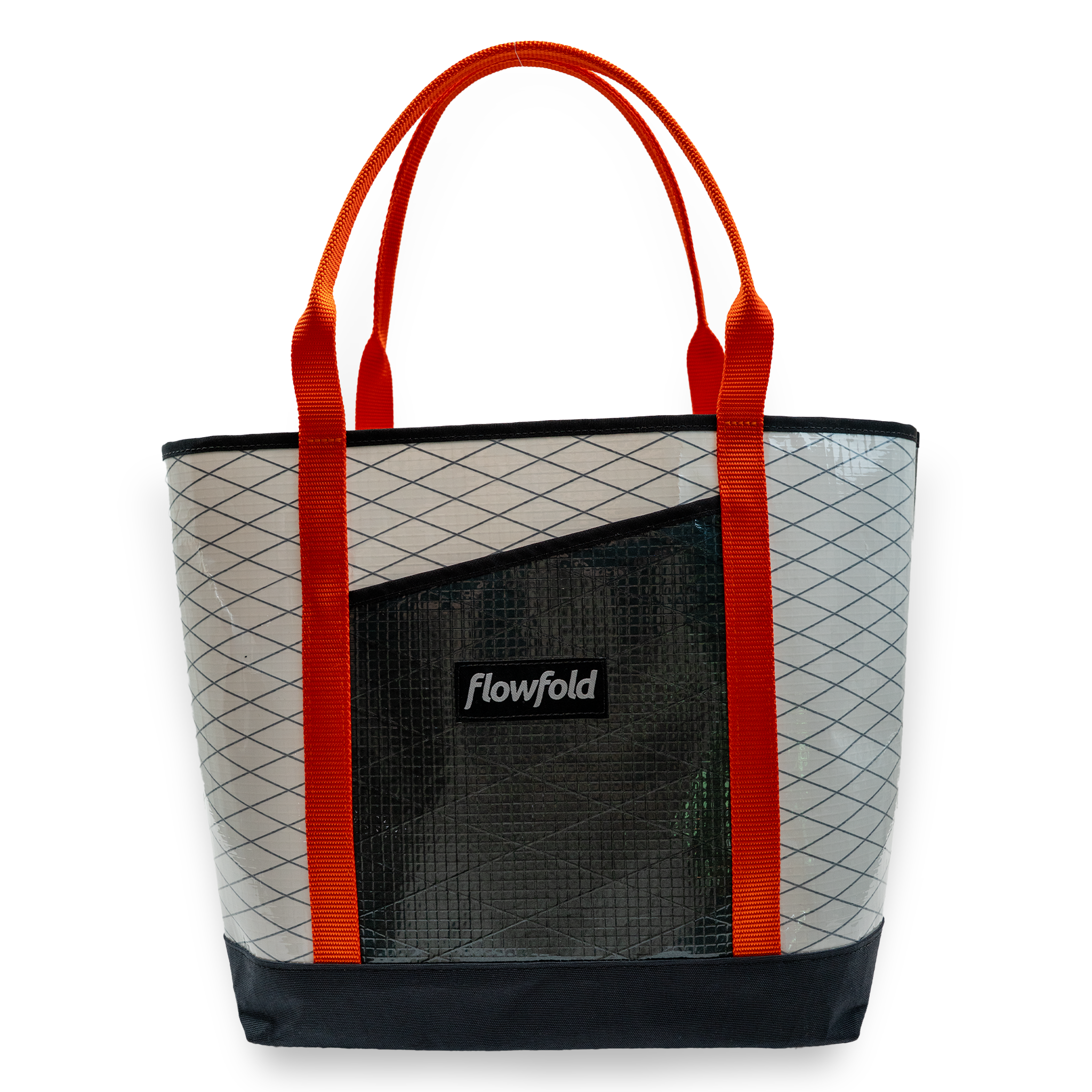Grey and white recycled sailcloth tote with orange handles