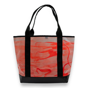 Orange tie dye recycled sailcloth tote with black handles