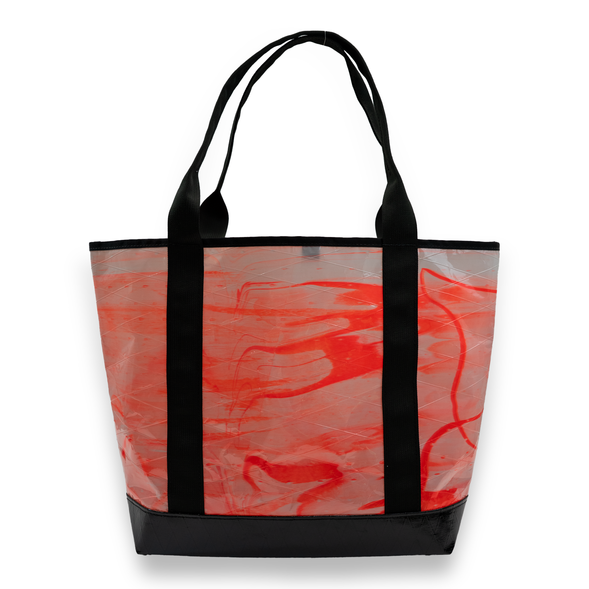 Orange tie dye recycled sailcloth tote with black handles