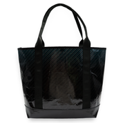 Blue and black stripe recycled sailcloth tote with black handles