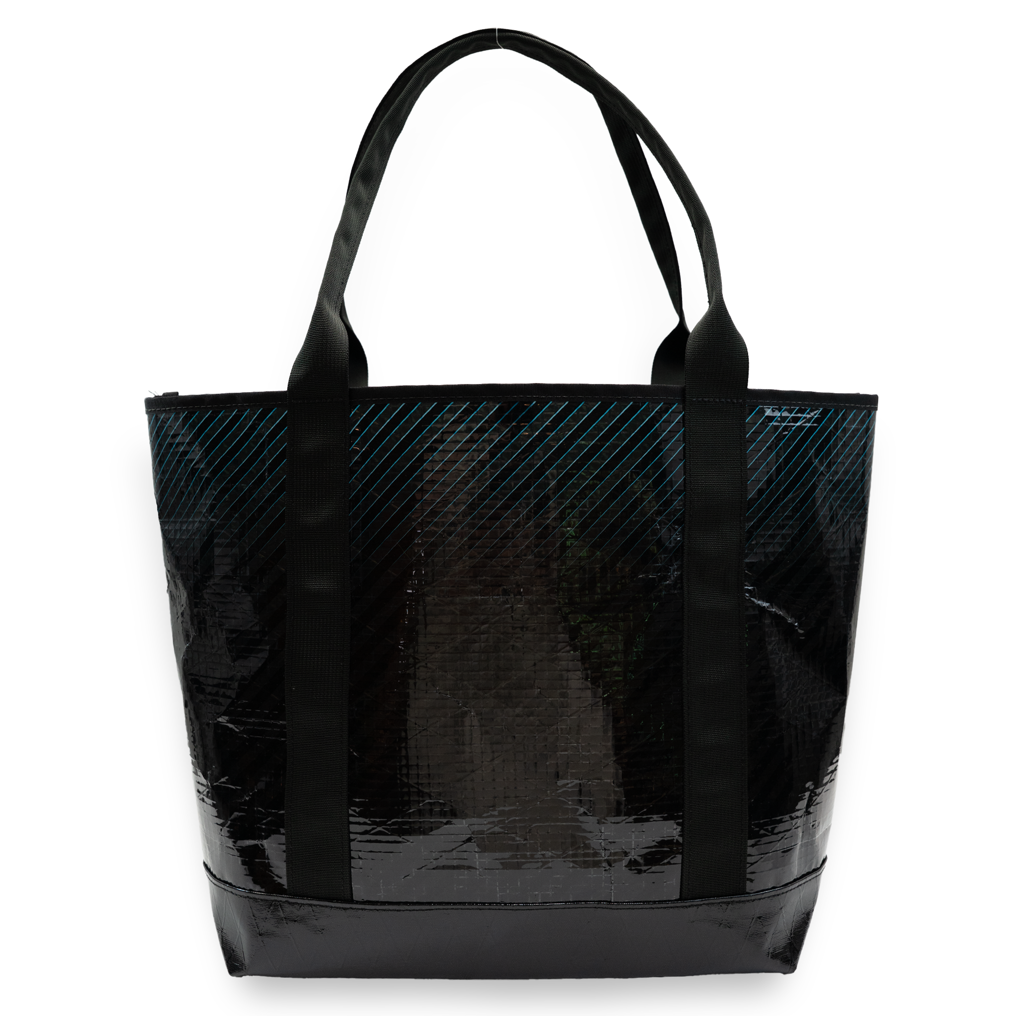 Blue and black stripe recycled sailcloth tote with black handles