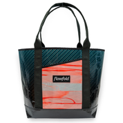 Blue and black striped and white and orange tie dye recycled sailcloth tote with black handles