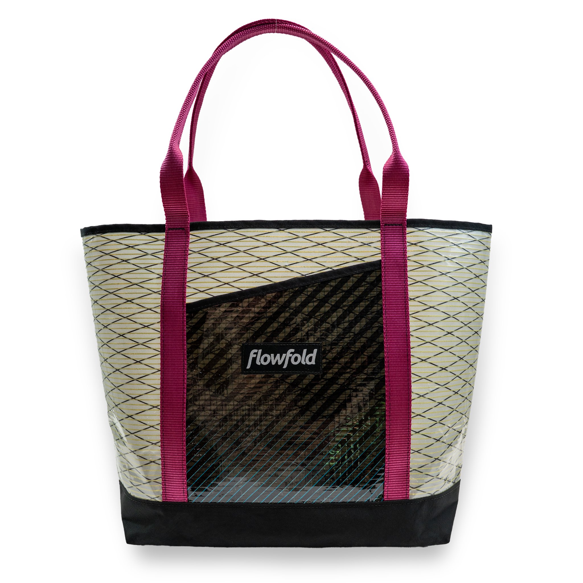Black and white recycled sailcloth tote with pink handles