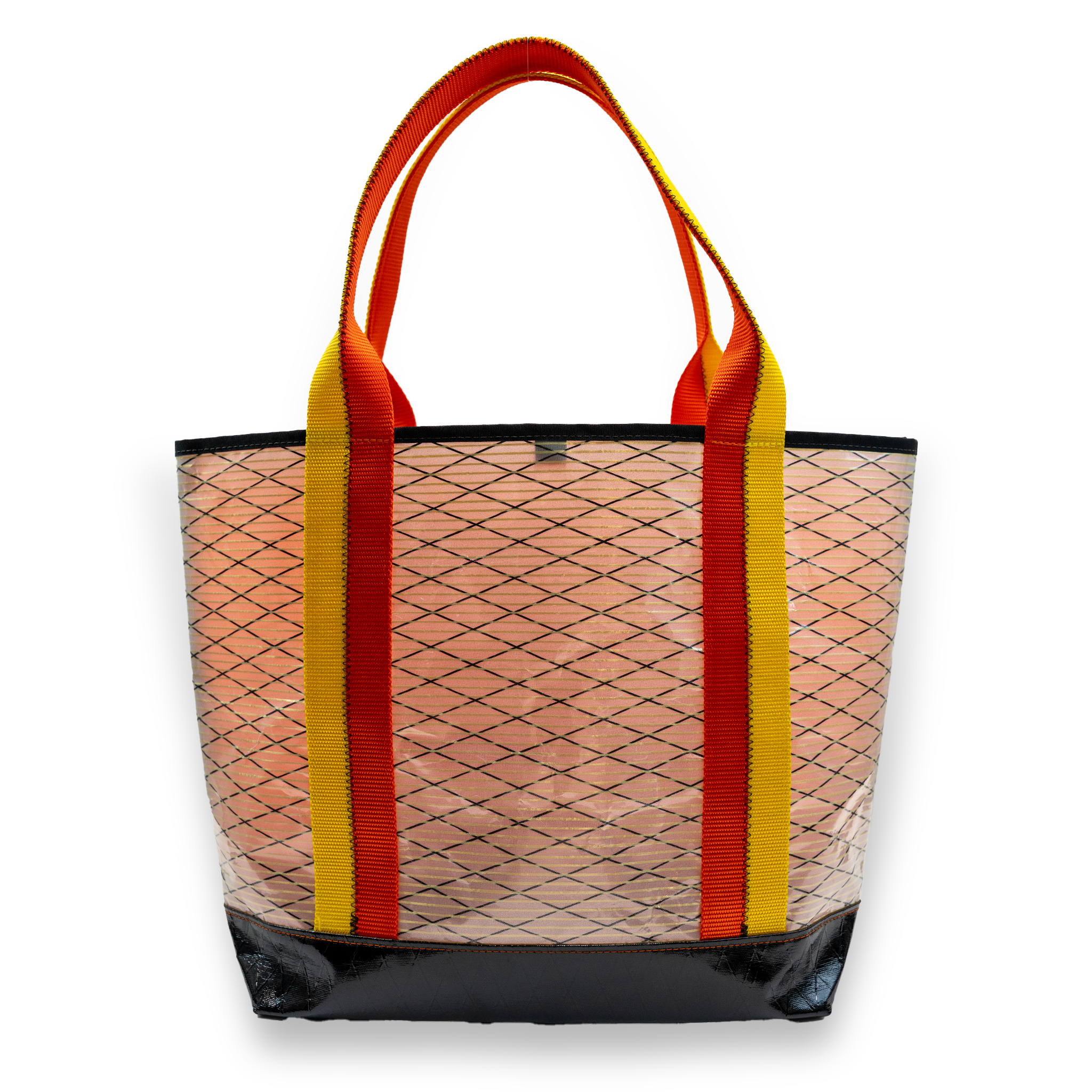 White recycled sailcloth tote with yellow and orange handles
