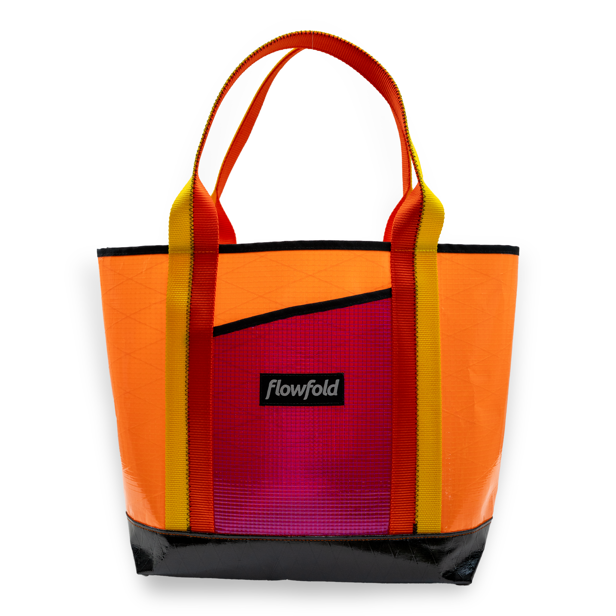 Orange and pink recycled sailcloth tote with yellow and orange handles