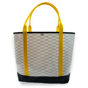 White recycled sailcloth tote with yellow handles