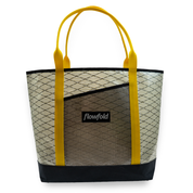 Grey and white recycled sailcloth tote with yellow handles