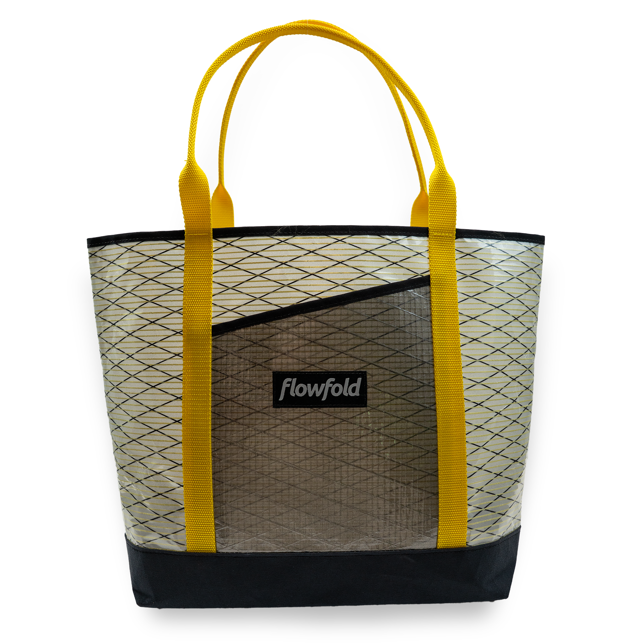 Grey and white recycled sailcloth tote with yellow handles