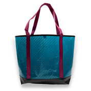Blue stripe recycled sailcloth tote with pink handles