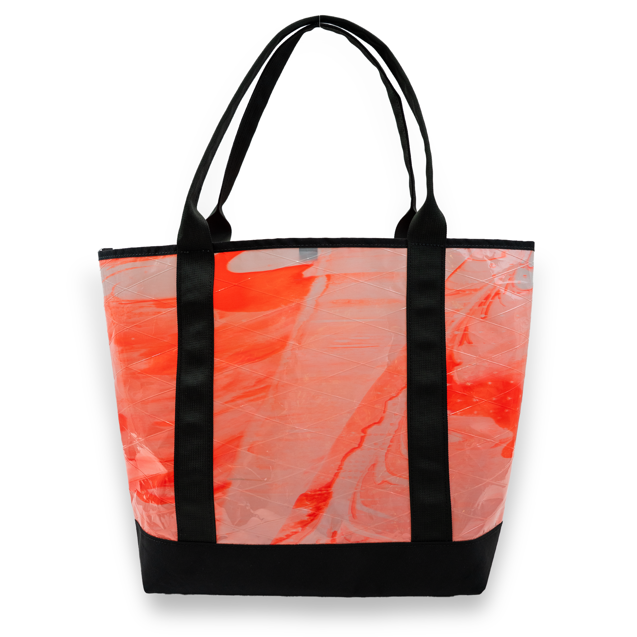 Orange and white tie dye recycled sailcloth tote with black handles