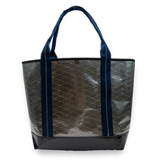 Grey recycled sailcloth tote with navy blue handles
