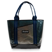 Grey and blue recycled sailcloth tote with navy blue handles
