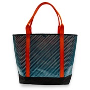 Blue and black striped recycled sailcloth tote with orange handles
