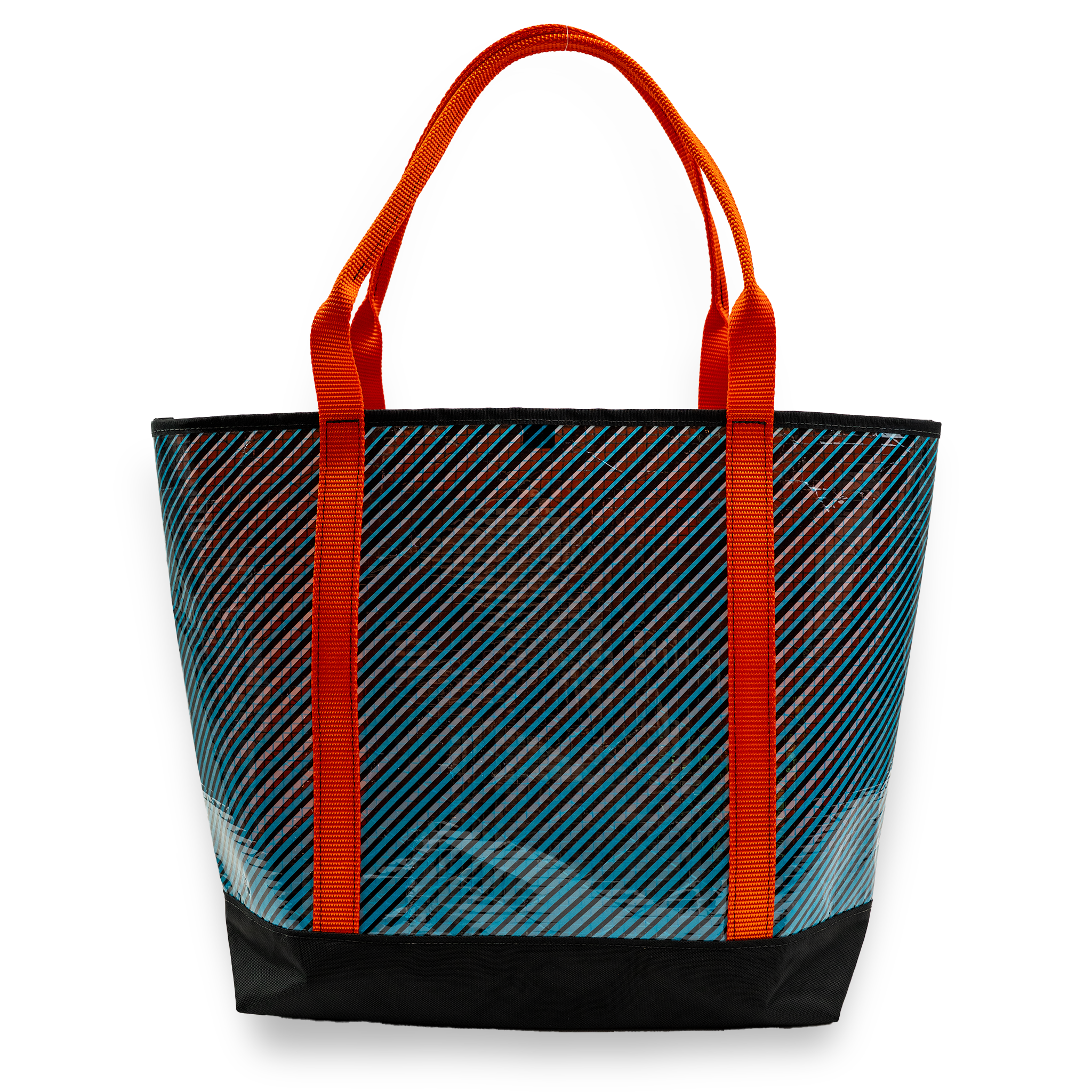 Blue and black striped recycled sailcloth tote with orange handles