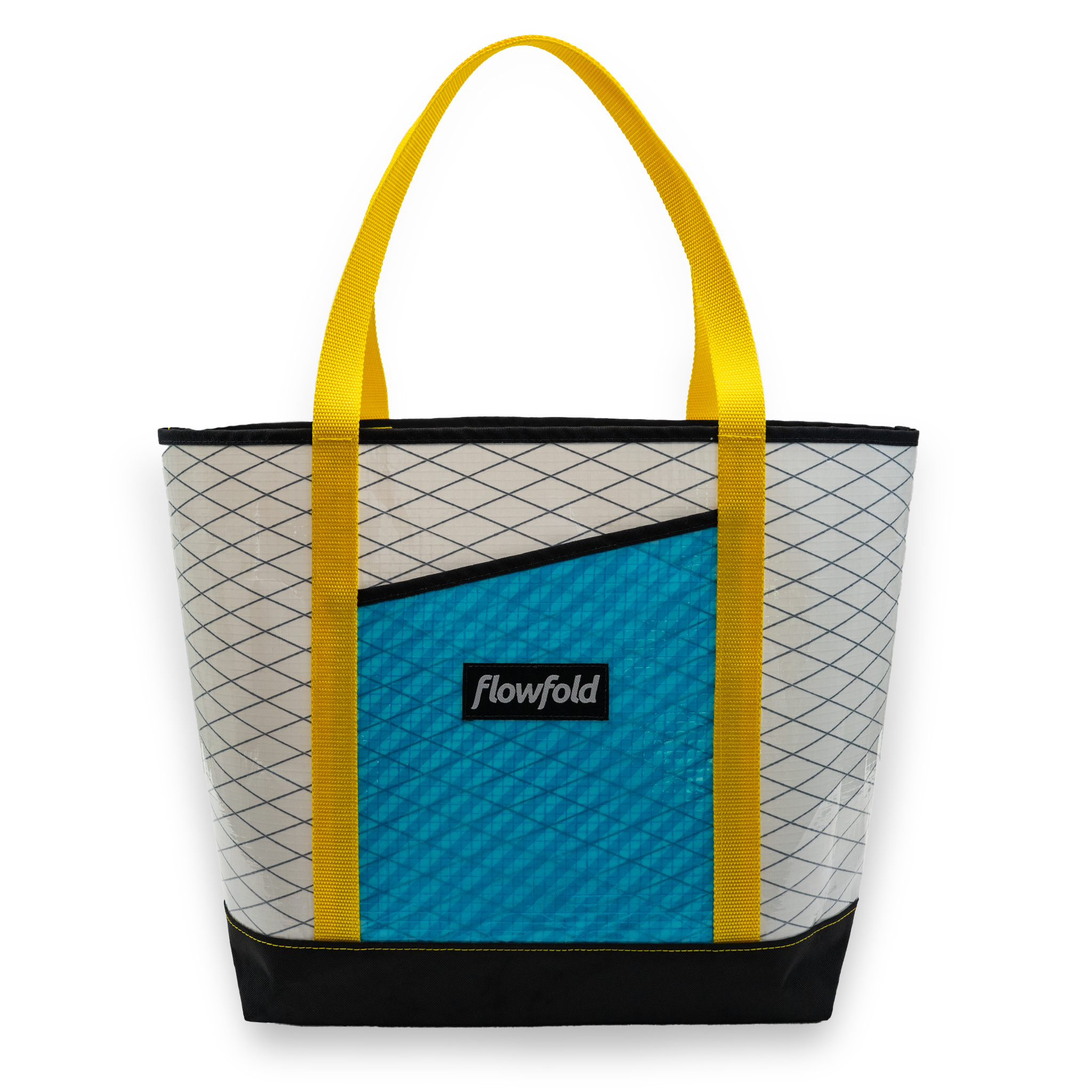 White and blue stripe recycled sailcloth tote with yellow handles