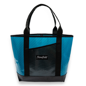 Blue and grey recycled sailcloth tote with black handles