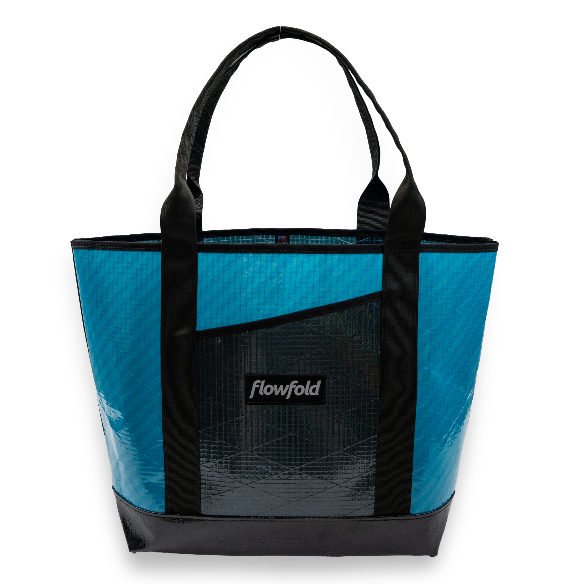 Blue and grey recycled sailcloth tote with black handles