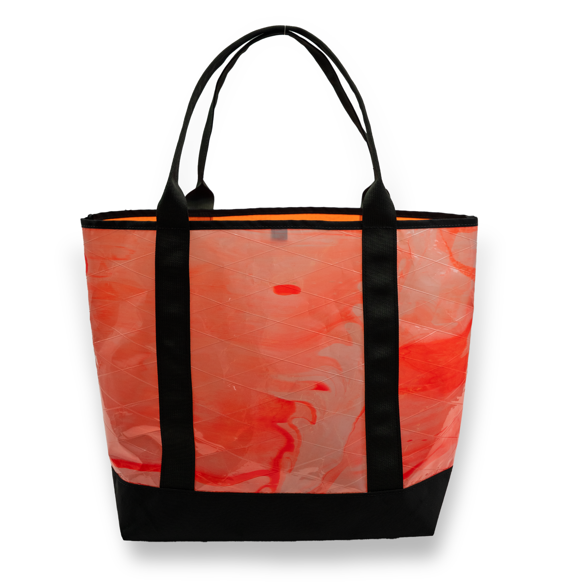 Orange tie dye recycled sailcloth tote with black handles