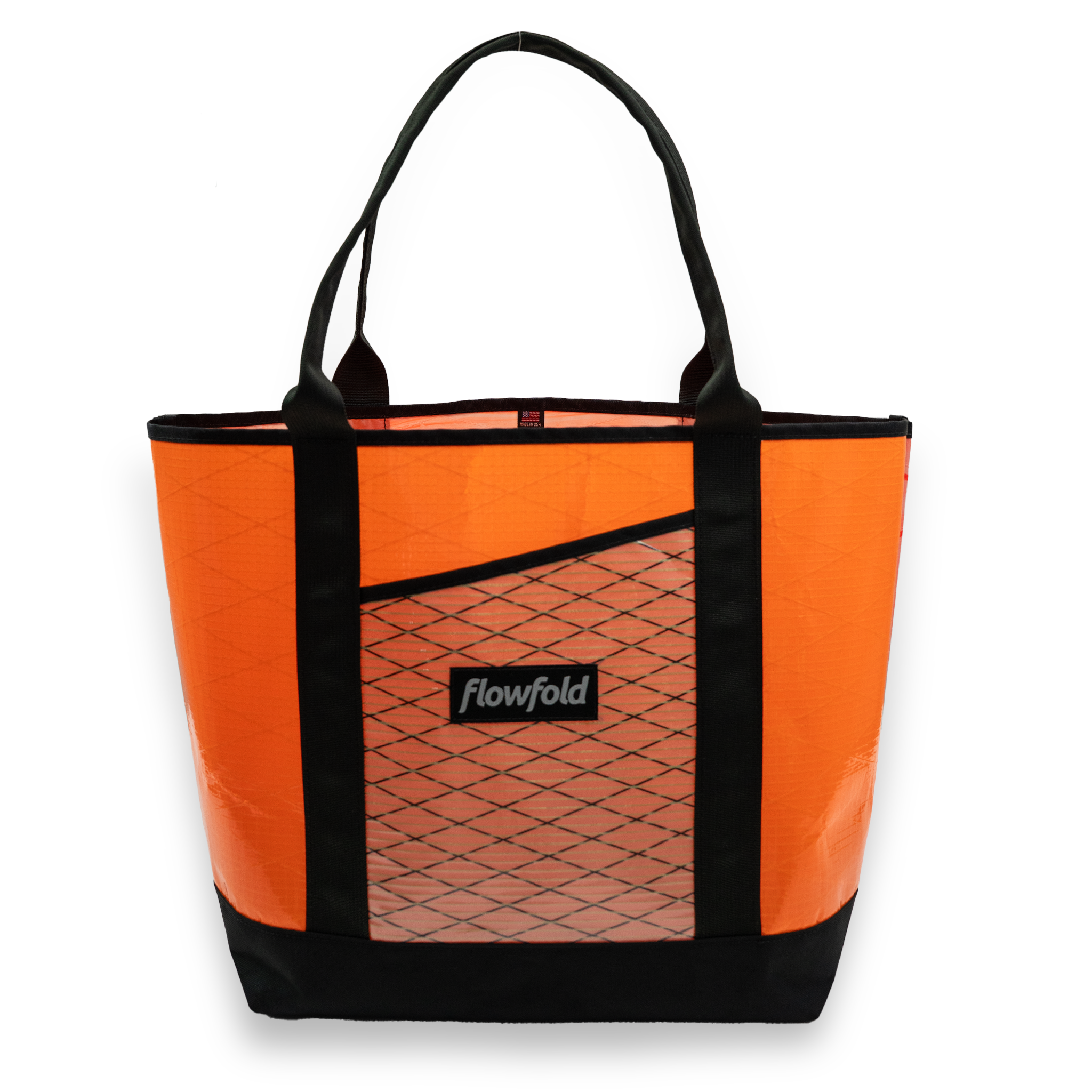 Orange and white recycled sailcloth tote with black handles