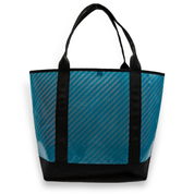 Blue stripe recycled sailcloth tote with black handles