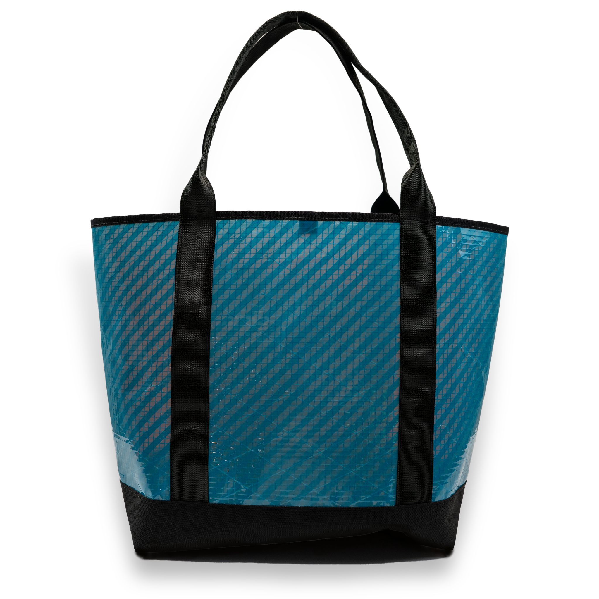 Blue stripe recycled sailcloth tote with black handles