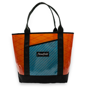 Blue stripe and orange recycled sailcloth tote with black handles