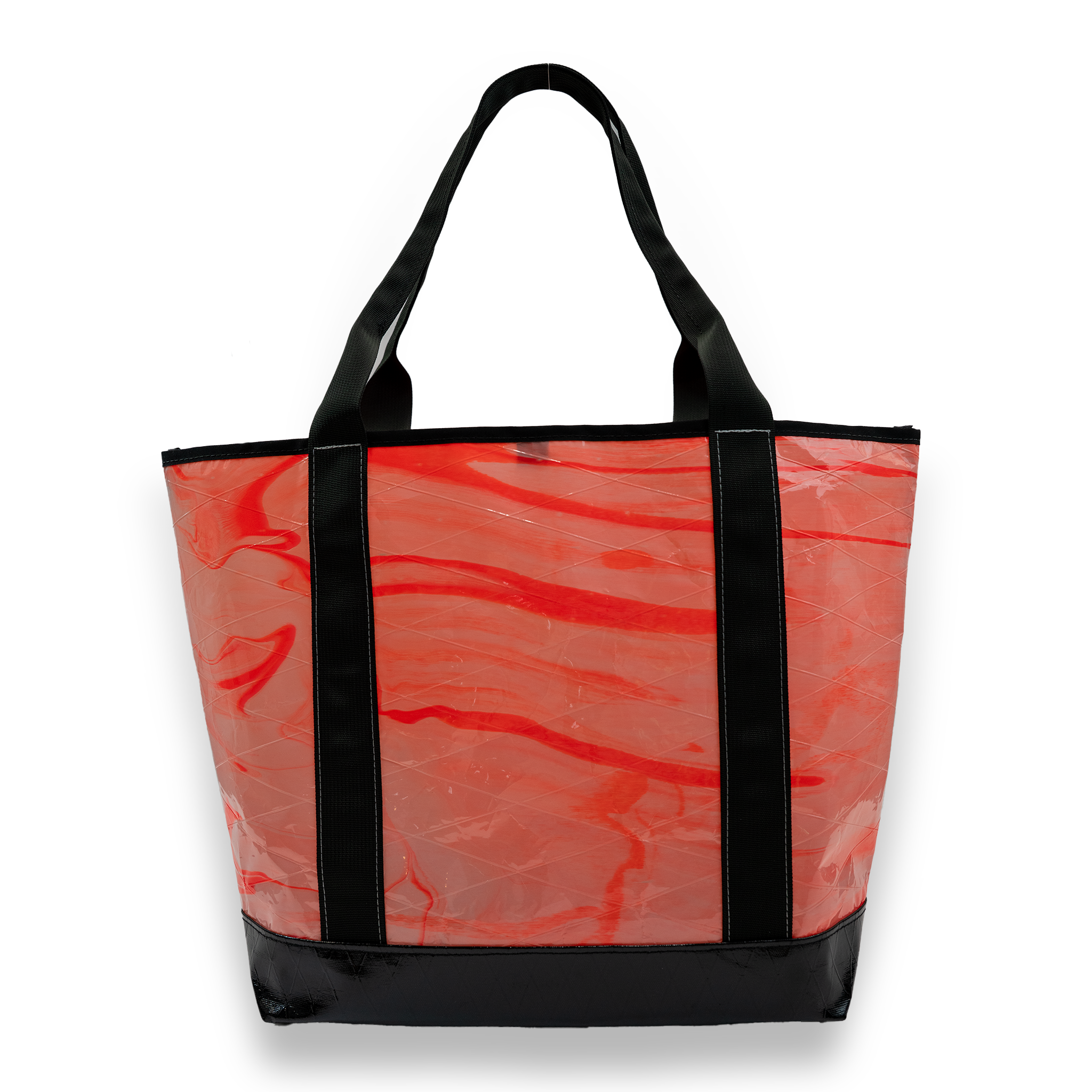 Orange tie dye recycled sailcloth tote with black handles