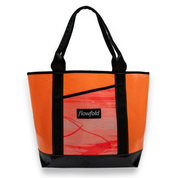 Orange and orange tie dye recycled sailcloth tote with black straps