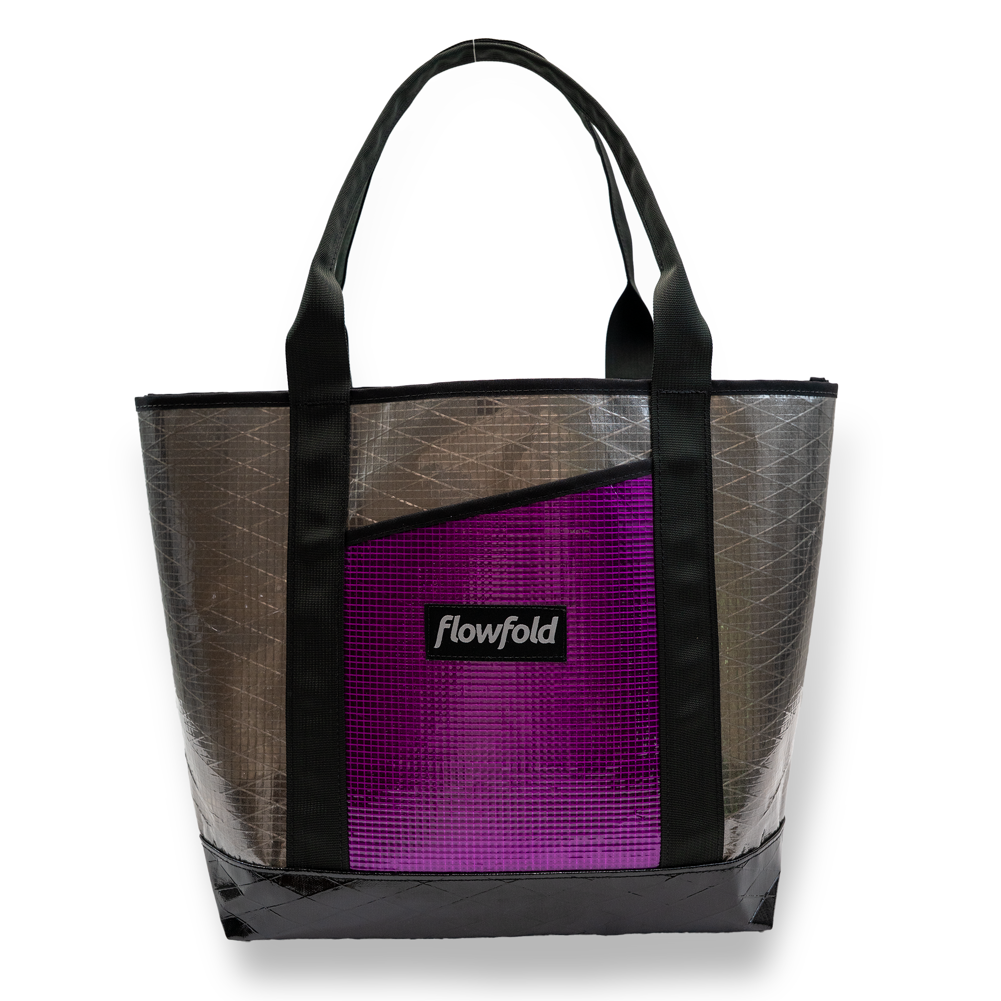Silver and purple recycled sailcloth tote with black handles