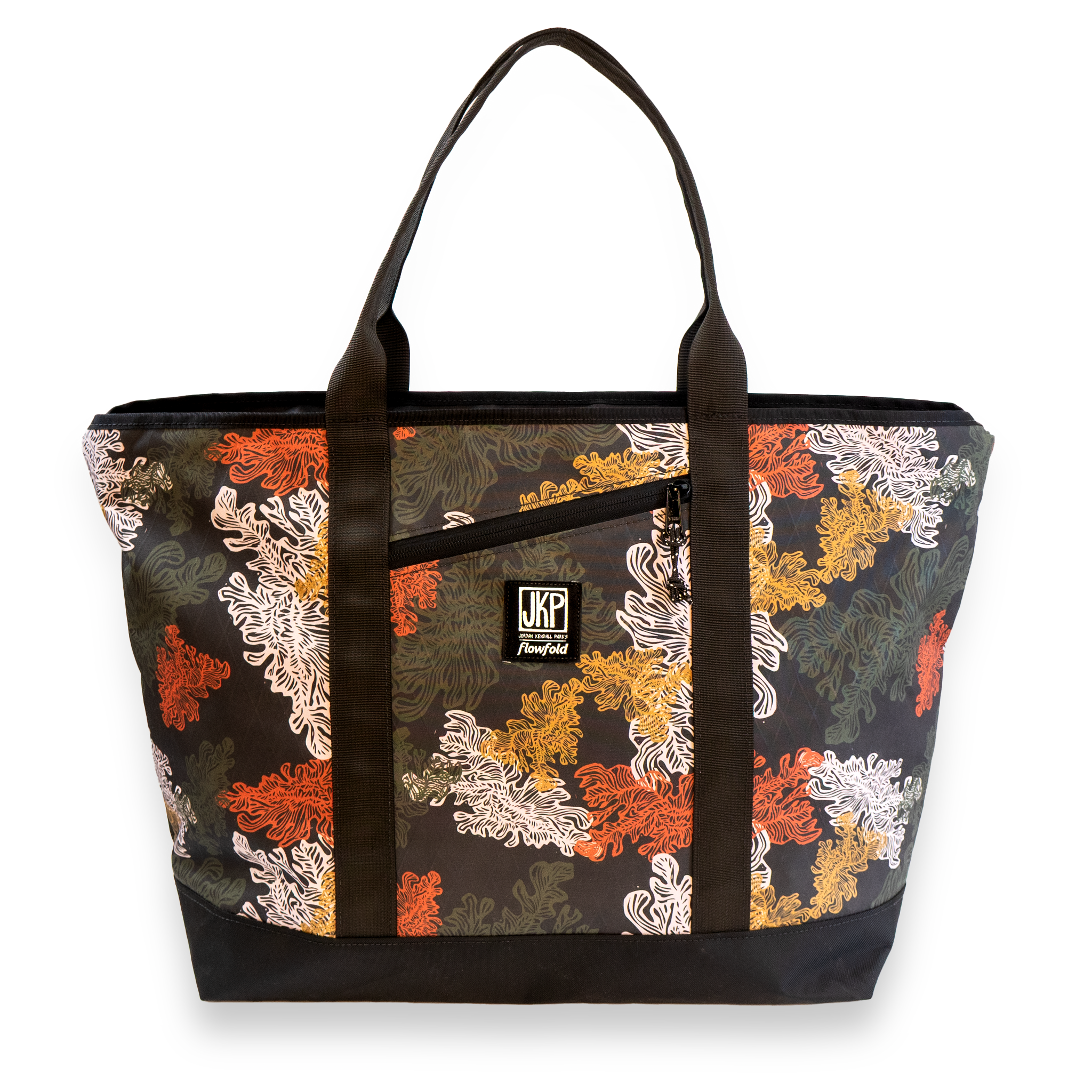 Kelp patterned tote bag with black handles on a white background