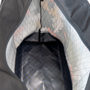 Close-up of a bag interior with geometric patterned lining