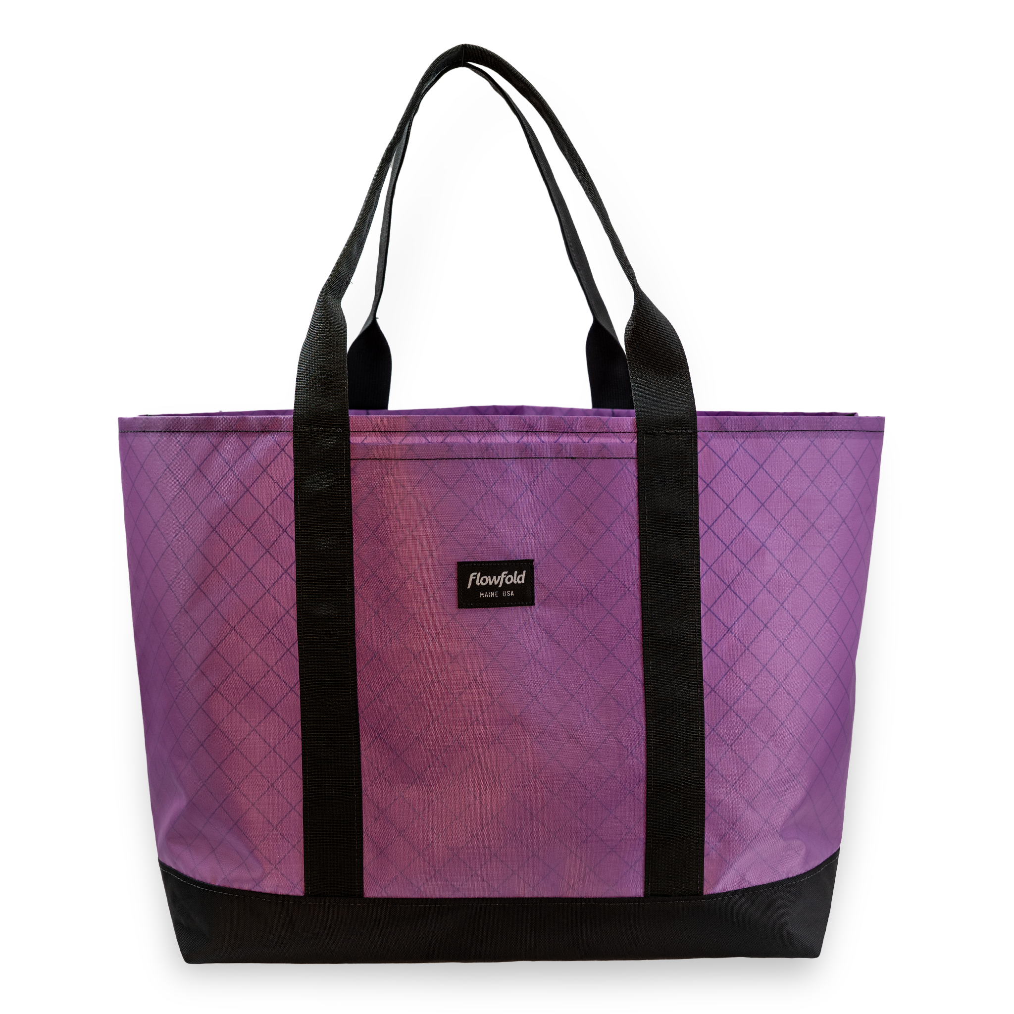 Purple tote bag with black handles and trim on a white background