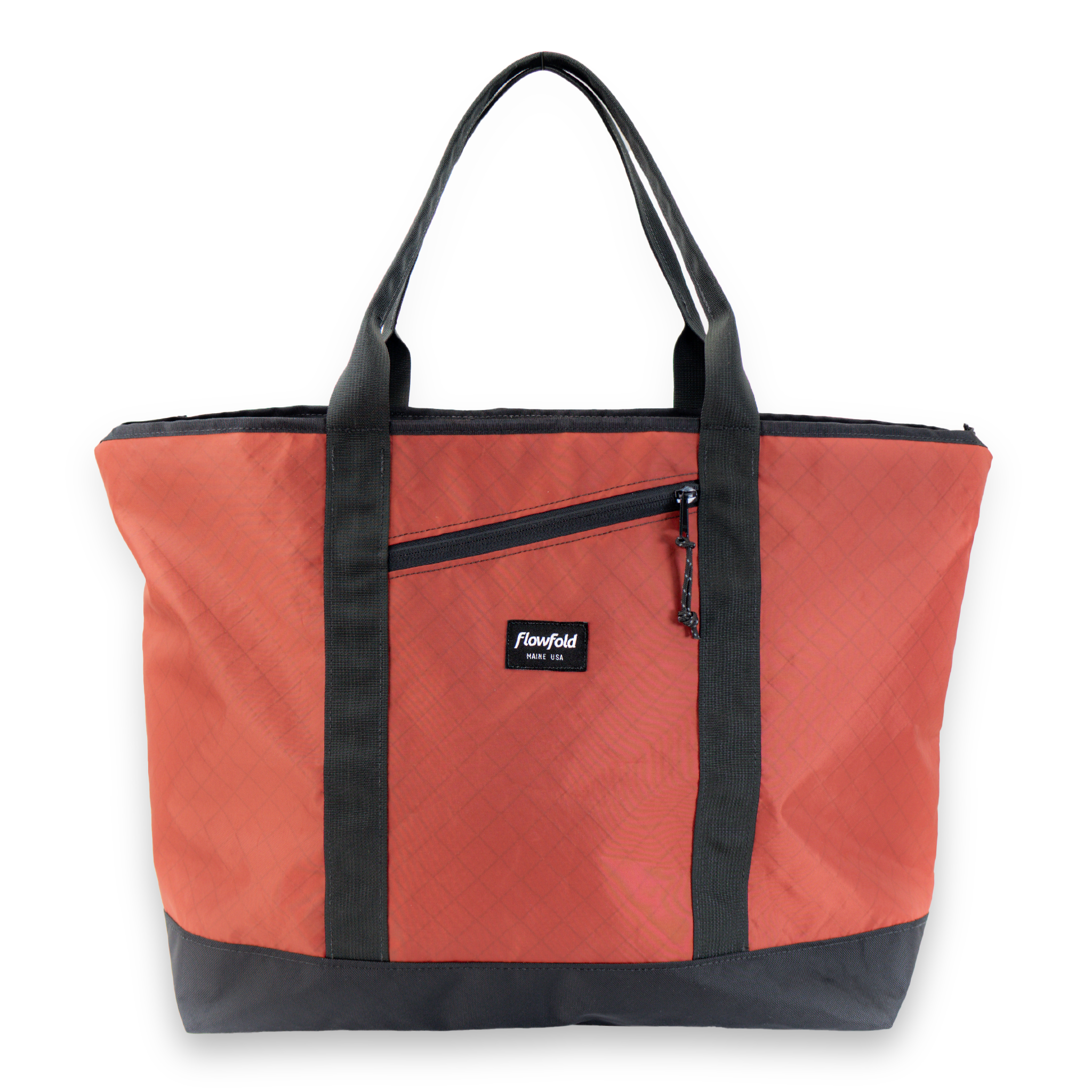 Red tote bag with black handles and trim on a white background