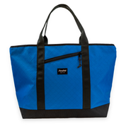 Blue tote bag with black accents and a visible brand logo on a white background