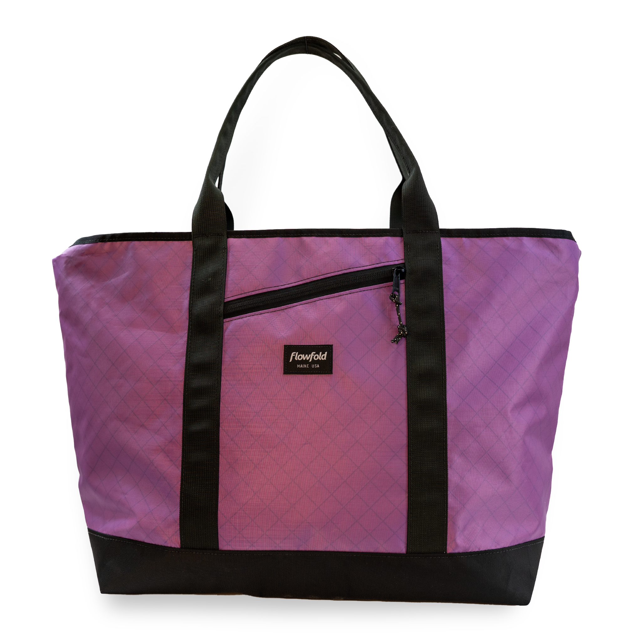 Purple tote bag with black handles and trim on a white background